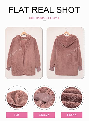 Image of Dokotoo Womens 2025 Winter Long Sleeve Solid Fuzzy Fleece Open Front Hooded Cardigans Jacket Coats Outerwear with Pocket