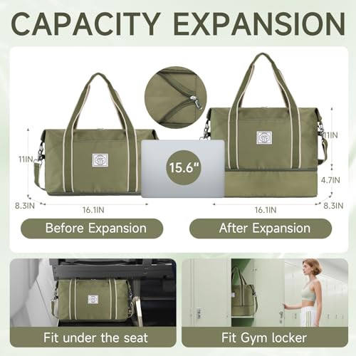 WALNEW Travel Duffel Bag, Weekender Overnight Carry On Bag for Women Men, Foldable Waterproof Gym Luggage Duffle Bag with Metal Buckle Detachable Shoulder Strap and Wet Compartment (Army Green) by WALNEW - Image 2