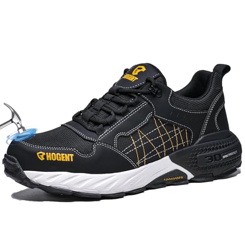 Hogent Steel Toe Shoes for Men & Women | Puncture Proof Work Shoes | Lightweight Comfortable Safety Sneakers for Warehouse Construction & Daily Wear - Black - 11 Women/9.5 Men