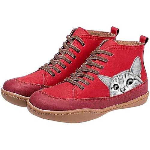 ブーツ レディース ショートブーツ レースアップ おしゃれ 猫柄 puレザー カジュアル ストラップシューズ ママ靴 フラットシューズ 女の子 履きやすい 滑り止め 大きなサイズ カジュアル 通勤 アウトドア 22.5~26.5cm (24.5 cm,レッ
