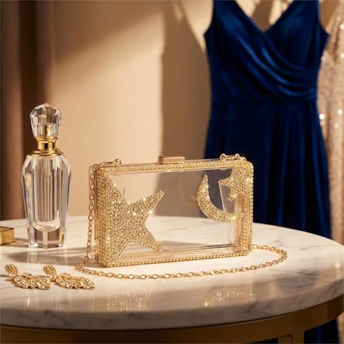 Image of Ladies Clear Acrylic Moon and Star Rhinestone Chain Bag Sparkly Transparant Clutch Purse for Women Evening