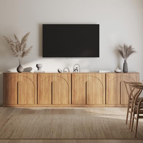 BELLEZE Bijou Set of 4 Wall-to-Wall Storage Cabinets (126" Wide) - Grand Sideboard Buffet System w/8 Arched Glass Doors - Massive Entertainment Center