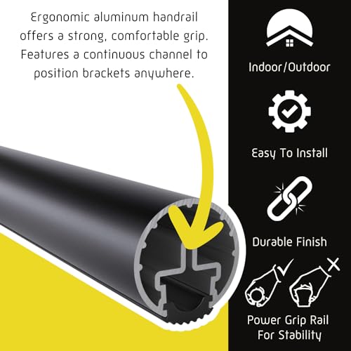 Promenaid 5ft ADA Handrail Kit - Satin Black - Complete Indoor/Outdoor Handrail for Stairs - 1.6\" Round Anodized Aluminum Railing with 3 Satin Black Painted Pivoting Brackets & ADA Wall Returns