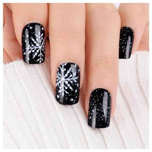 24pcs Uñas Postizas Navidad Negro Copos de Nieve 10 Tamaños Uñas Postizas Manicura Francesa Navideño Nail Art Navidad