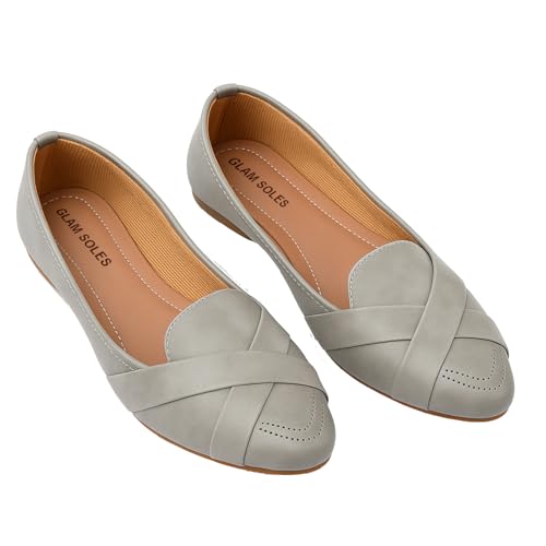 Image of Women's Stylish Flat Belly Shoes - Comfortable Faux Leather Slip-Ons with Crisscross Strap Flats for Office & Casual