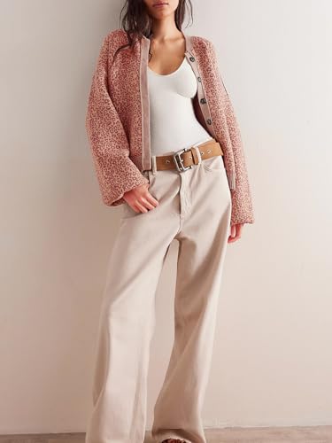 Image of Women's Casual Leopard Print Jacket Crew Neck Long Sleeve Loose Fit Button Coat Fall Trendy Bomber Cardigan