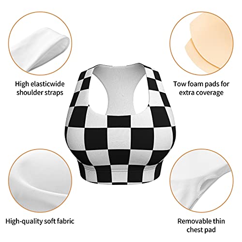 Black White Race Checkered Flag Seamless Comfortable Sports Bras For Women Longline Padded Bra Yoga Crop Tank Tops Fitness Workout Running Top Xl #TOP4