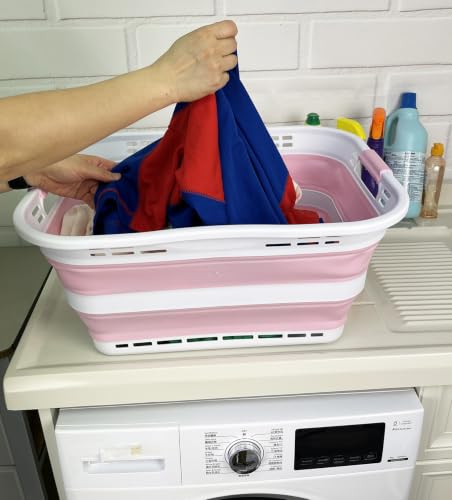 Image of SAMMART Set of 2 Collapsible Plastic Storage Basket - Foldable Pop Up Storage Container - Portable Laundry Organizer - Space Saving Hamper (White /Cherry Pink, 42L (Style A))