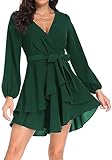 PCEAIIH Women's Cocktail Dresses Long Sleeve Empire Skater Dress Deep V-Neck Waist Tie Ruffle Mini Swing Dresses M Dark Green