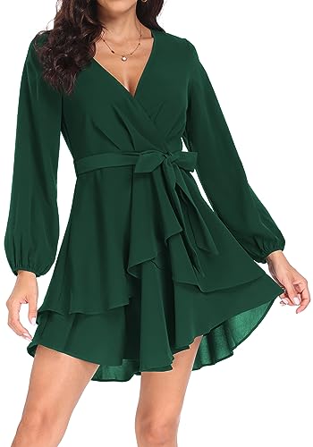PCEAIIH Women's Cocktail Dresses Long Sleeve Empire Skater Dress Deep V-Neck Waist Tie Ruffle Mini Swing Dresses M Dark Green