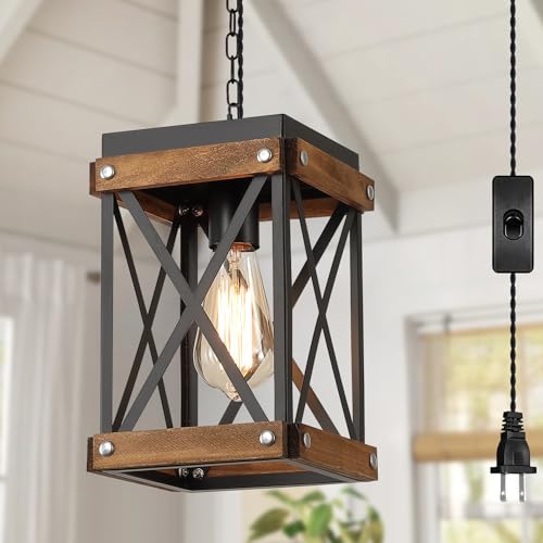 Rustic Farmhouse Plug in Pendant Light Fixture with Adjustable Chain, Oak Wood and Metal Lantern Cage Mini Hanging Lamp for Kitchen Island Living Room Hallway Farmhouse Bar, Black by RKUCSR - Used condition - US$41.38