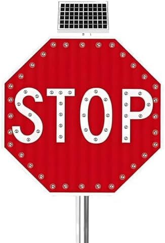 24in Solar-Powered Aluminum Traffic LED Warning Sign - Flashing Stop Sign for Schools & Hospitals - Bright LED Lighted Road Safety Signage