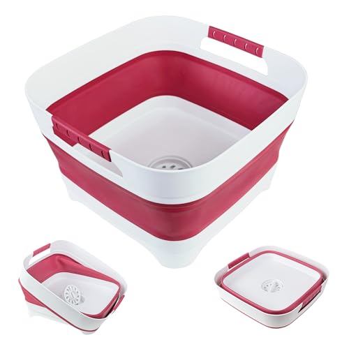 Image of GIMWA 2.6 Gal(10L) Collapsible Camping Sink, Magenta Space-Saving Collapsible Dish Basin with Drain Plug for bottle washing, Collapsible Bucket for RV Essentials and Foot Soaking