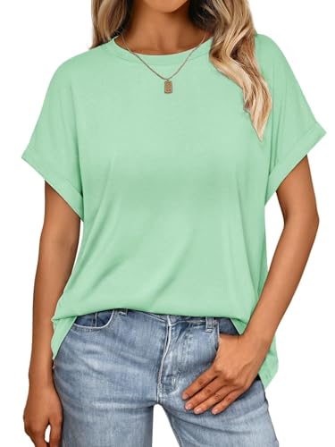 Cuptacc T-Shirt Femme Col Rond Basic Tee Shirt Ete Manche Courte Top Femme Unie Style Décontracté Vert Menthe Moyen M 40-42