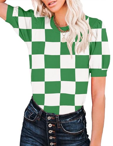 Image of Womens Puff Short Sleeve Sweater Tops Crewneck Basic Knit Pullover Lightweight Casual Sweaters