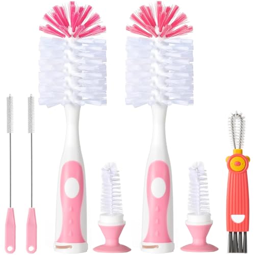 Image of 5 in 1 Baby Bottle Brush Set, Bottle Cleaner, 2Pcs Bottle Brush with Stand, 2 Hidden Nipple Brush, 2 Straw Brush, 1 Lid Brush, Nylon Bottles Brush Cleaner for Baby Bottle, BPA-Free(Pink)