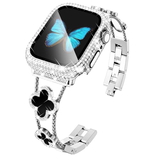 Bracelet Apple Watch strass argent KADES avec coque brillante pour toutes séries