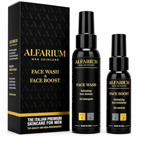 Alfarium Kit Skincare Uomo Detergente Viso + Crema Idratante Viso Uomo | Routine Viso per Pelle Grassa e Mista | con Acido Ialuronico e Vitamine A B5 C E | Made in Italy | Senza Siliconi