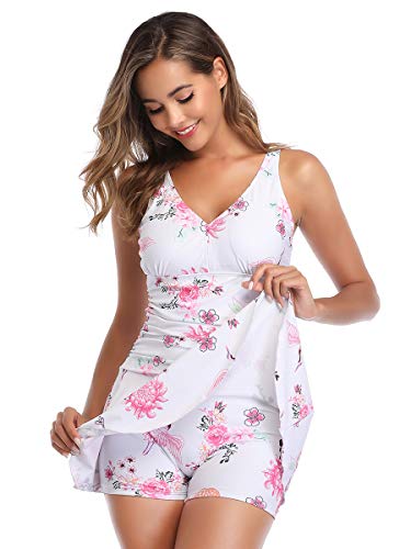 Summer Mae Women's Plus Size Floral Swimdress Tummy Control One Piece Swimsuit White Flower Xxx-Large #TOP4
