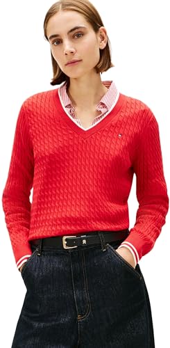 Image of Tommy Hilfiger Women's CO Cable FINE GG V-NK LS SWT WW0WW44987 Pullover Sweater, RED (Primary Red/Calico Tipping), S