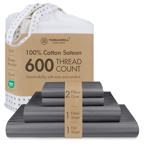 Image of Threadmill 100% Cotton Sheets for Cal King Size Bed - 600 Thread Count Cal King Bed Sheets Set with 16 inch Deep Pocket - Damask Stripe Sateen Weave 4-Piece Bedding Set with Cooling Effect, Dark Grey