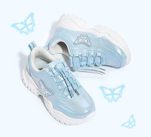 LUCKY STEP Kids Chunky Sneakers Fashion Platform Walking Tennis Shoe Sparkly Butterfly Faux Leather Elastic No-tie Laces School Shoes for Girls Boys 6