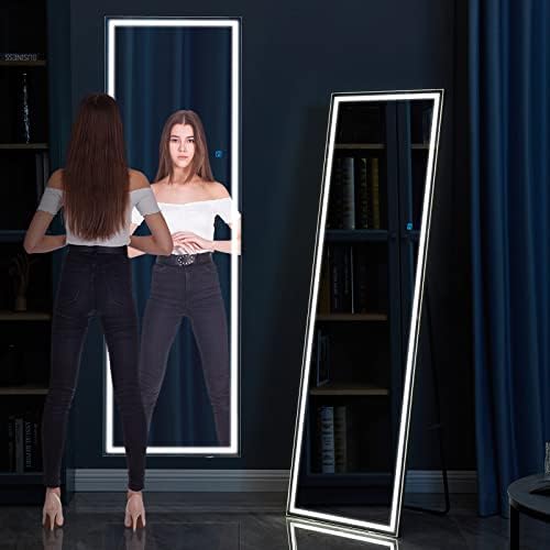 BEWITU 63"x20" Full Length Mirror with LED Lights, Free Standing Lighted Floor Mirror, Wall Mounted Hanging Mirror with Lights, Full Body Mirror for Bedroom with Dimming Lights & 3 Color Modes (Black)
