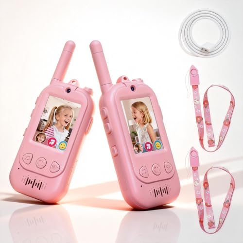 Video Walkie Talkies, Kids Reliable Communication Toys with Screen, Video Walkie Talkies for Kids with Voice Changer, Easy Walkie Talkie Toys Gifts for Home Outdoor Use Ages 3-12 (Pink)