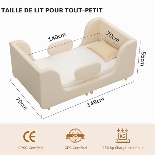 Lit enfant 140x70 barrière amovible rembourré Meulbaty