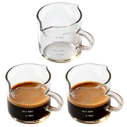 xoqoiuo 3Pcs Clear Glass Espresso Cups, Espresso Cups Glass with Double V-Shaped Spout, Expresso Coffee Cup with C-Type Handle, Coffee Measuring Cup Ideal for Cappuccino Latte and Café