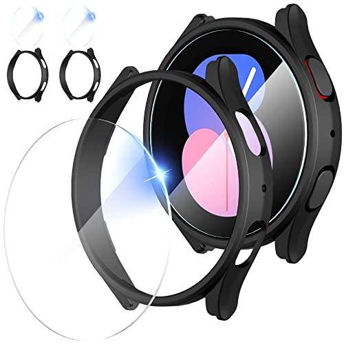 Suoman 2+2 Pack for Samsung Galaxy Watch 5/4 40mm Case+Screen Protector, Tempered Glass Protective + All-Round PC Matte Protective Cover Set for Galaxy Watch 5/4 40mm Accessories -Matte Black