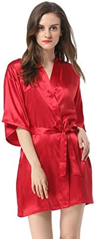 Women's Satin Plain Short Kimono Robe Bathrobe