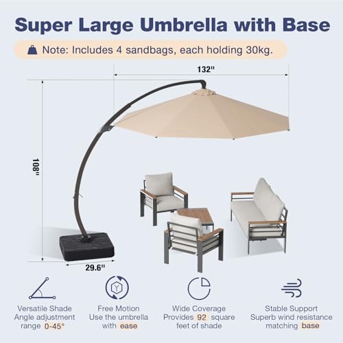 Image of Aoxun Aluminum Patio Furniture Set with Umbrella 5 Seats, Oversized Outdoor Sectional with Washable Thick Cushions, Coffee Table, Patio Conversation Sets for Porch, Balcony, Deck