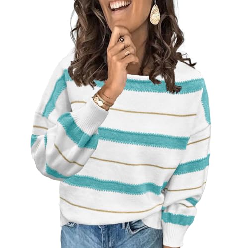 Image of Ancapelion Women’s Striped Colour Block Jumper Long Sleeve Chunky Sweater Crew Neck Knit Pullover Tops Knitwear White and Blue M