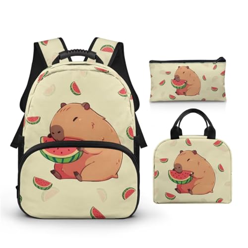 3 in 1 Backpack for Boys Girls,Capybara Print Kids'Backpack with Lunch Box Set for Boys and Girls 15 inch Backpack with Lunch Box and Pencil Case Casual Daypack for Students