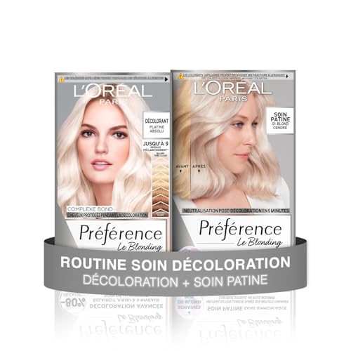 L’ORÉAL PARIS - Routine Décoloration Complète - 2 Produits - Décoloration Blond Platine Absolu + Soin Patine Blond Irisé - Préférence Le Blonding