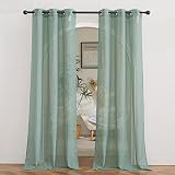 Picture of NICETOWN Linen Sheer Curtains Flax Textured for Living Room, Grommet Semi Sheer Vertical Drapes Privacy with Light Filter for Home Office/Farm House, W36 x L84, Olive Green, 1 Pair