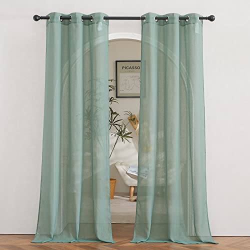 NICETOWN Linen Sheer Curtains Flax Textured for Living Room, Grommet Semi Sheer Vertical Drapes Privacy with Light Filter for Home Office/Farm House, W36 x L84, Olive Green, 1 Pair