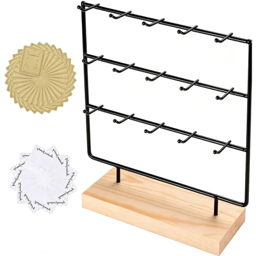 Image of WORUIB Wooden Earring Display Stand, 3-Tier 15 Hooks With 60 Cards, Black，Wooden Three-Tier 15-Hook Earring Display Stand With 60 Cards For Boutiques, Craft Fairs