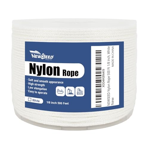 NEWSEED 500 Ft 1/8 Inch Nylon Rope – Multipurpose Heavy Duty Utility Rope for Indoor & Outdoor Use, Strong and Abrasion Perfect for Clothesline, Camping Hiking, Flag Line, Swing, Crafting (White)