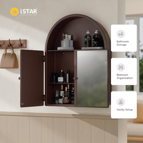 Image of iSTAR Wall Mounted Storage Mirror Cabinet, Bathroom Wall Mirror with Storage Shelf Mirror with Hidden Cabinet Organizer | Modern Wall Mounted for Bathroom, Bedroom, Washbasin (Brown)
