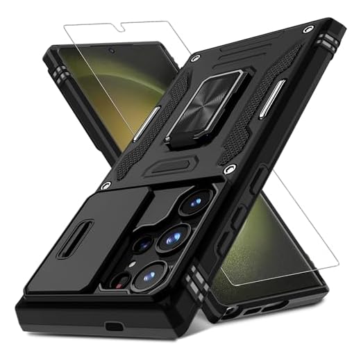 DEERLAMN Capa protetora para Samsung Galaxy S24 Ultra com capa de câmera deslizante + protetor de tela (pacote com 1), anel girado, suporte, grau militar, à prova de choque, capa protetora - preta