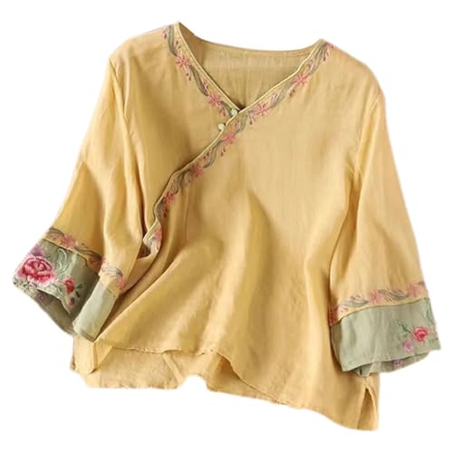 Blusas bohemias de lino de manga corta para mujer, tops, estilo boho campesino, ajuste holgado, camisa con bordado floral, verano, hippie, con volantes en el frente, túnica para mujeres mayores, club