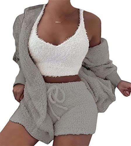 EGSDMNVSQ Damen 3-teiliges Pyjamas Set Mädchen Ensembles de Pyjama Warm Plüsch Samt Nachtwäsche mit U-Ausschnitt Kapuzenpullover Cardigan Crop Tank Top und Shorts/Hosen Hoher Taille Loungewear Outfits Cover