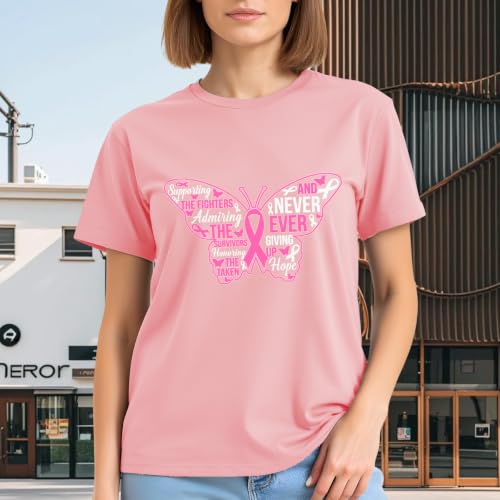 Image of Breast Cancer Survivor Butterfly Shirt for Women-Pink Ribbon Short Sleeve | With Hope Slogan Print Tee Top Ideal for Breast Cancer Group Uniform for Awareness Month & Survivor Memorial Gathering