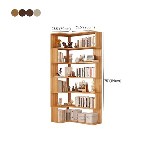 LITFAD Modern Vertical Corner Bookshelf Solid Wood Floor Bookcase with Shelves & Open Back Design Living Room Storage Shelves - Grey 24" L x 35" W x 75" H - Thumbnail 2