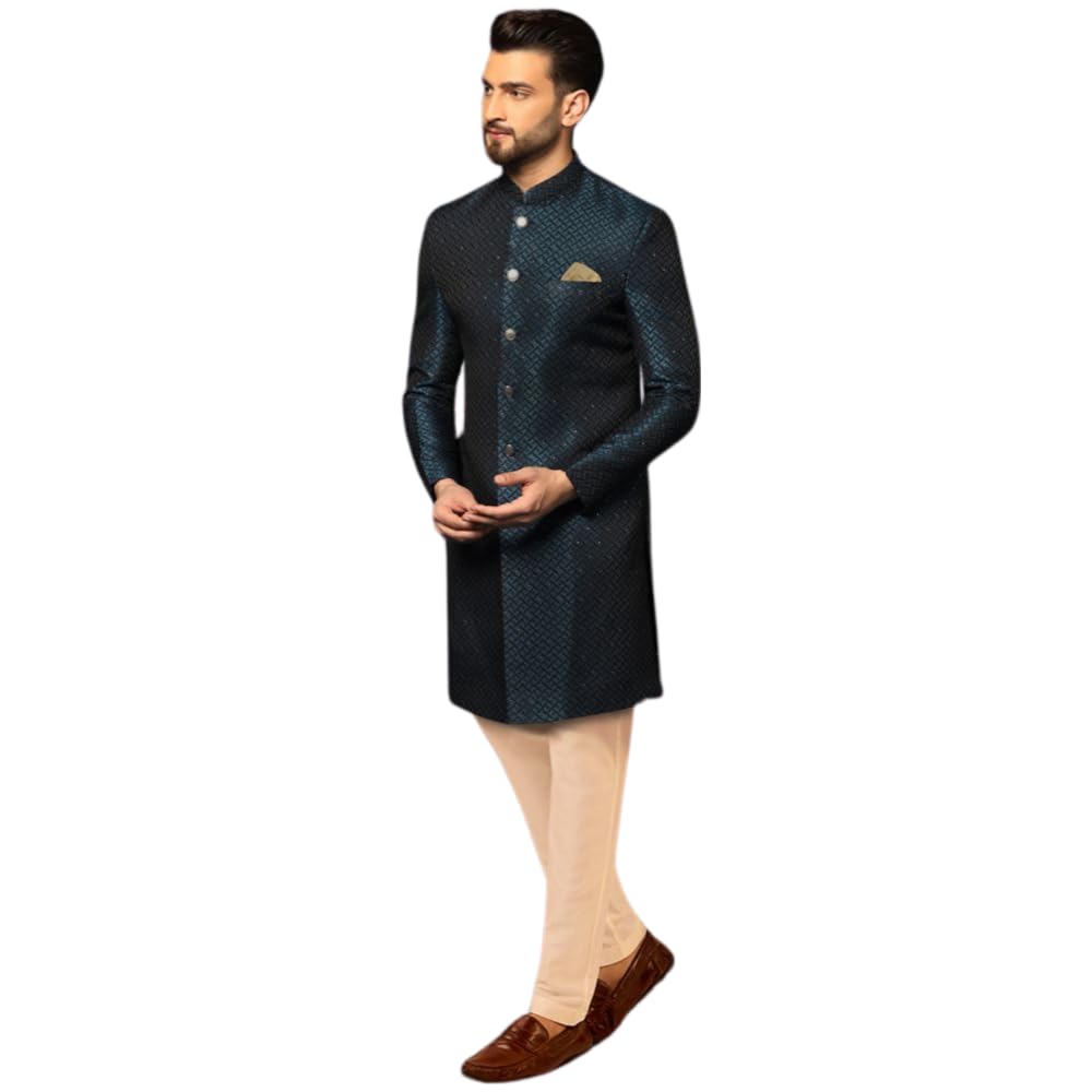 Men's Indo-Western Sherwani Trouser Set, Navy Blue Cotton, Jacquard Regular Fit Mandarin Collar Long Sleeves
