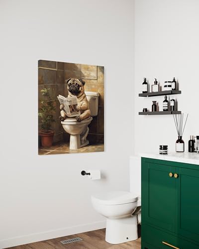 Image of Pug on Toilet Wall Art Print Canvas Wrapped, Dog Bathroom Humor Decor Posters Prints for Restroom Home Picture Painting Artwork Gallery 7 (Pug, 20 inchL x 16 inchW CANVAS, Wrapped Canvas)