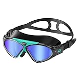 OutdoorMaster Swim Mask - Wide View Swimming Mask & Goggles Anti-Fog Waterproof, Blackgreen Frame Blue Mirror Len