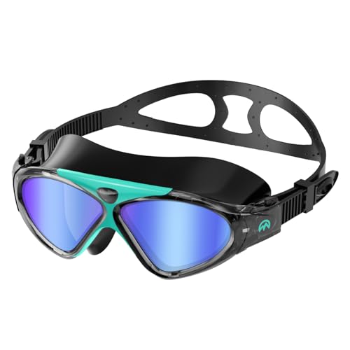 OutdoorMaster Swim Mask - Wide View Swimming Mask & Goggles Anti-Fog Waterproof, Blackgreen Frame Blue Mirror Len